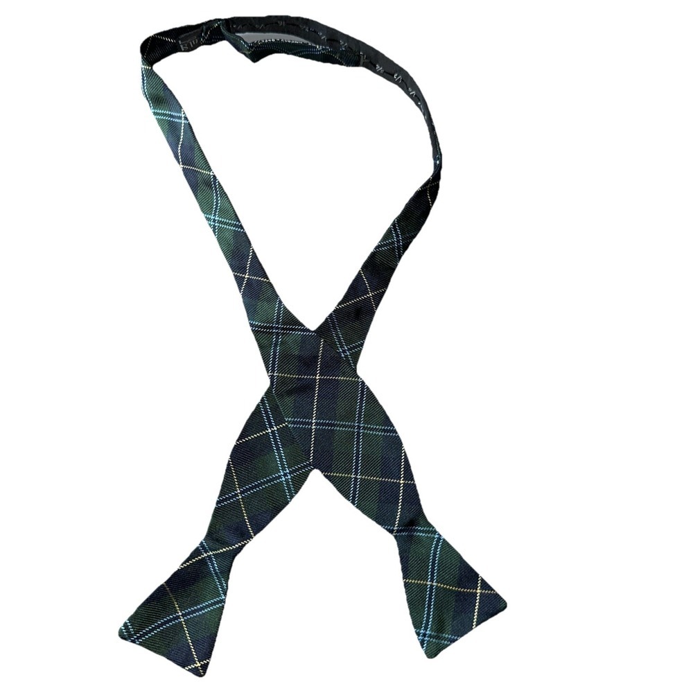 Paul Stuart Vintage Bow Tie Silk Blue Green Plaid Self Tie Adjustable Classic